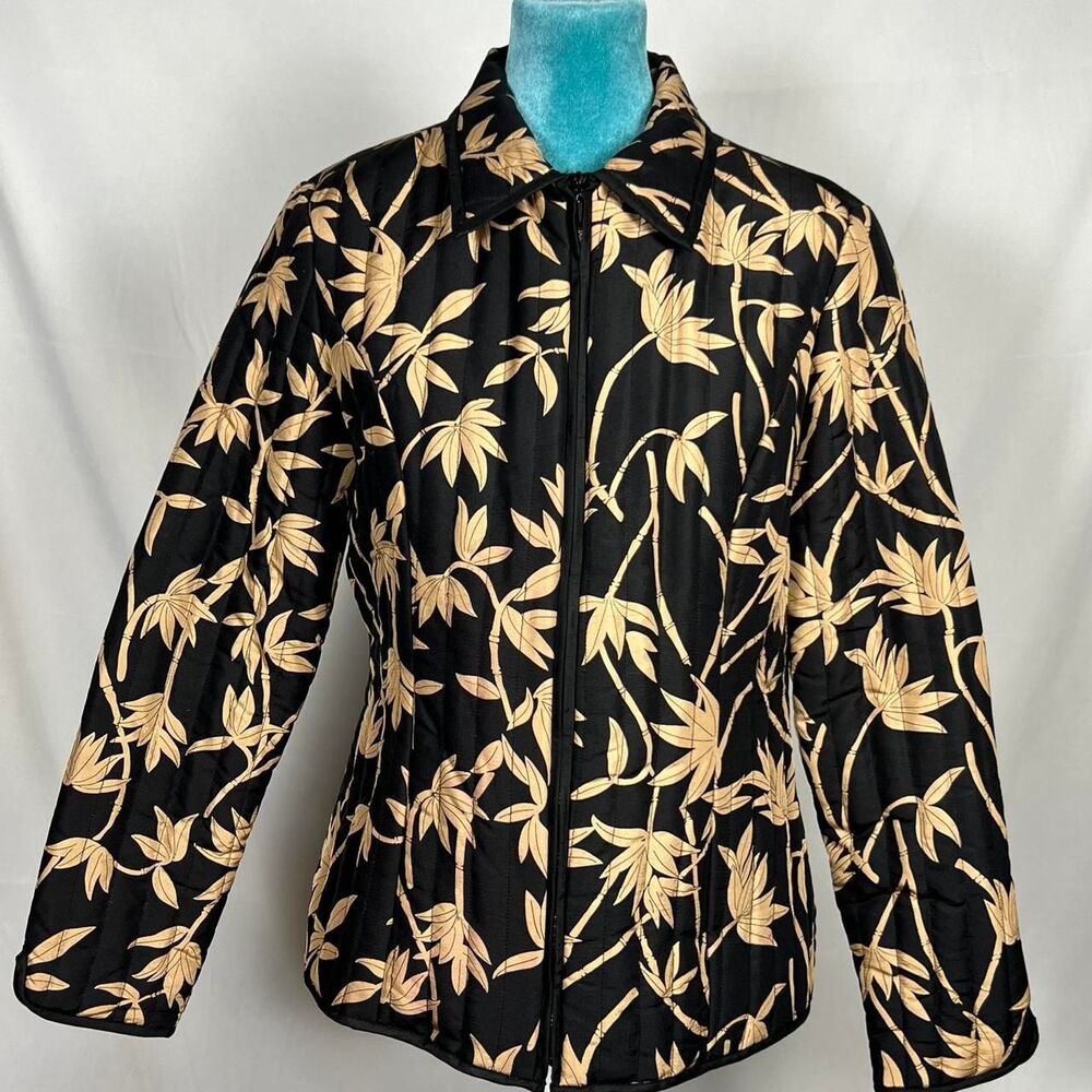 Anne Carson 100% Silk Quilted Black & Gold Bamboo Jacket (Size M)‎